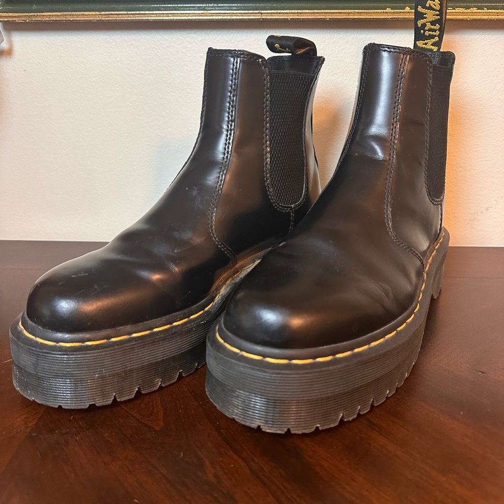 Dr. Martens Black Leather Platform Chelsea Boots with Yellow Stitching - Picture 9 of 10